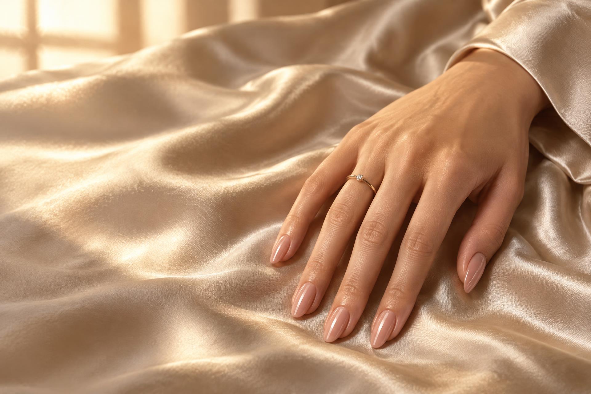 Elegant manicured hands on warm champagne silk