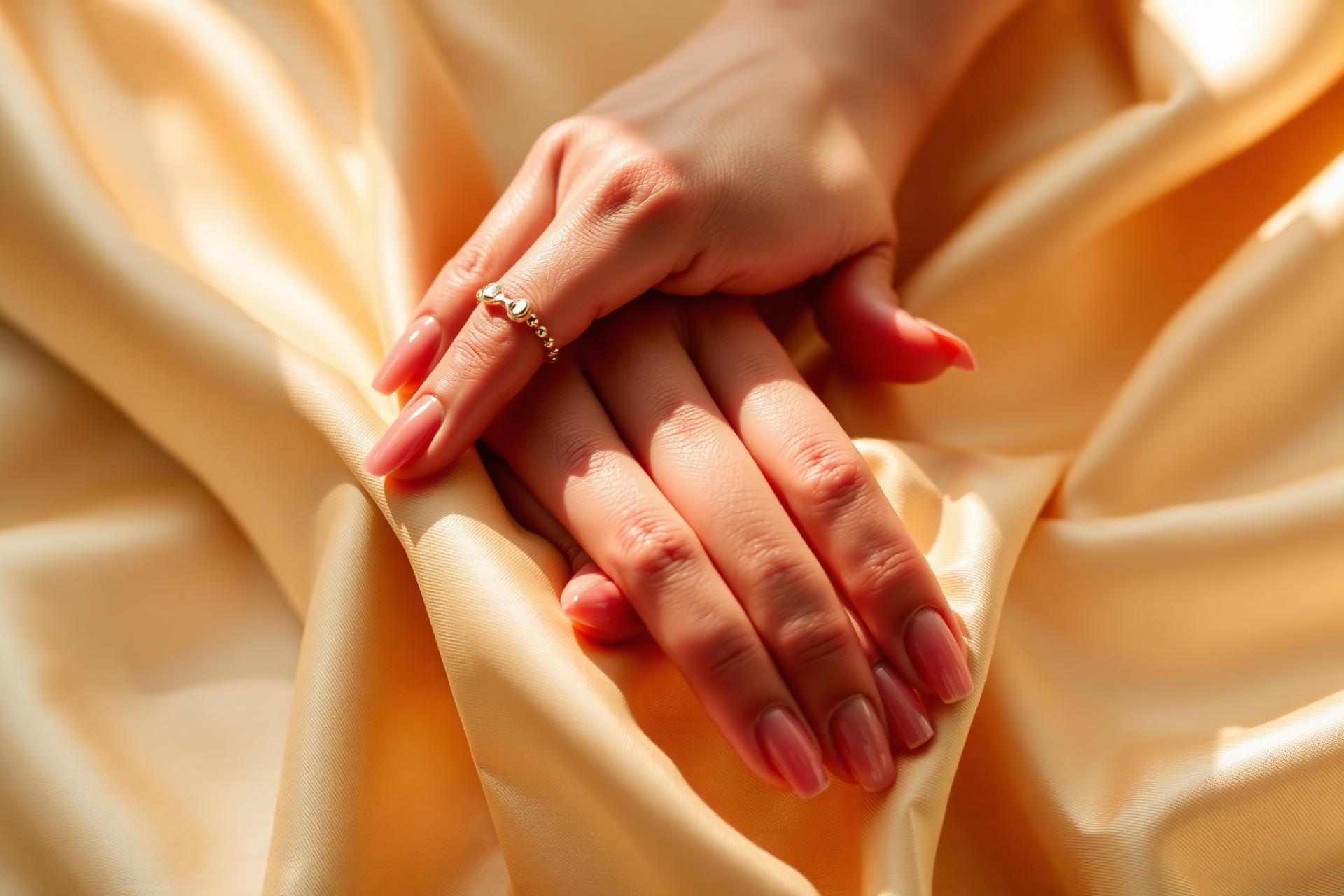 Elegant manicured hands on warm champagne silk